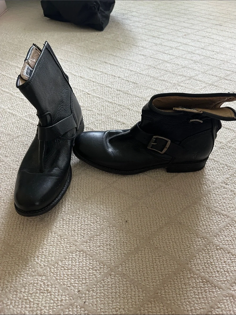 Frye Black Leather Ankle Boots with Buckle